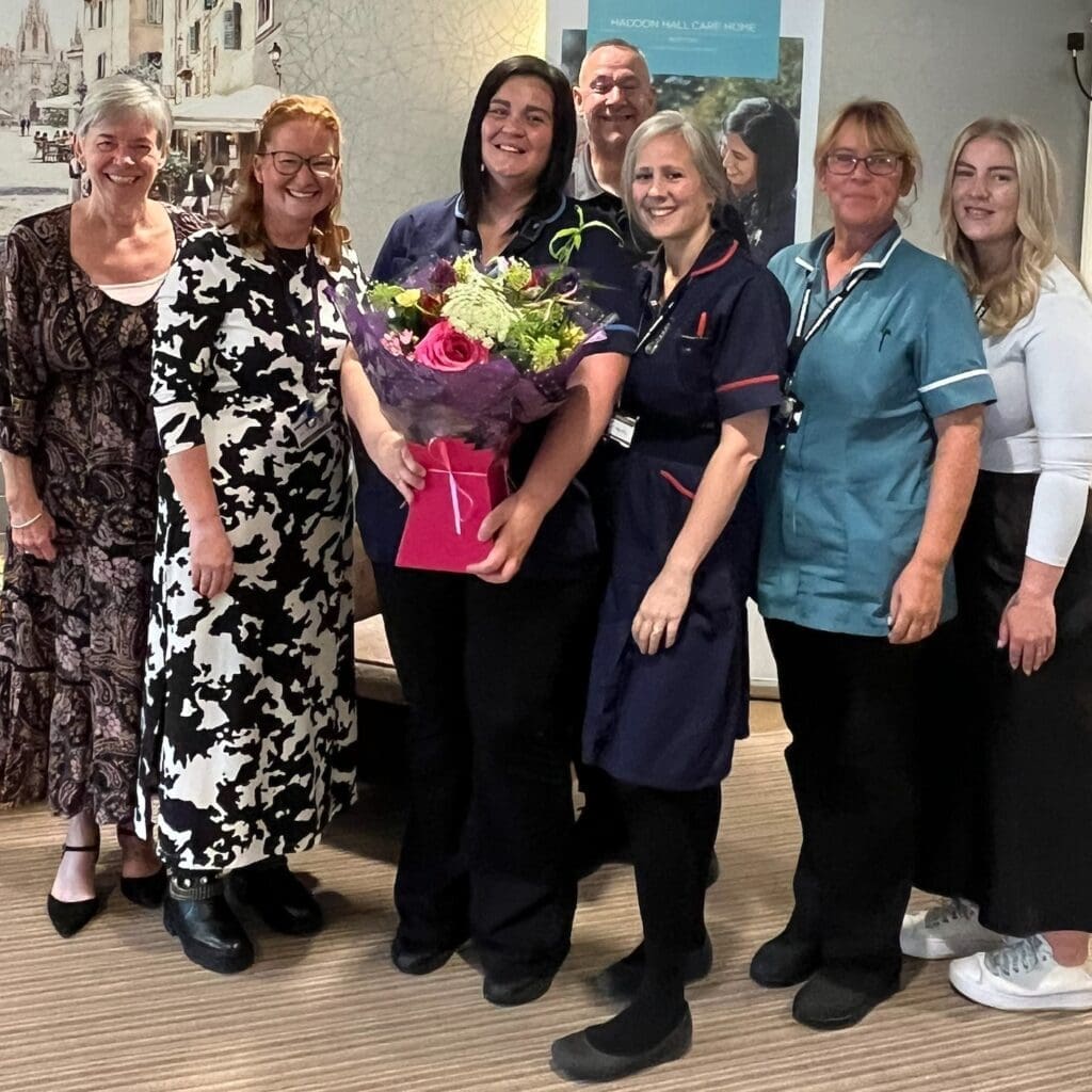 Our Haddon Hall care home team celebrating the residential dementia care manager’s anniversary.
