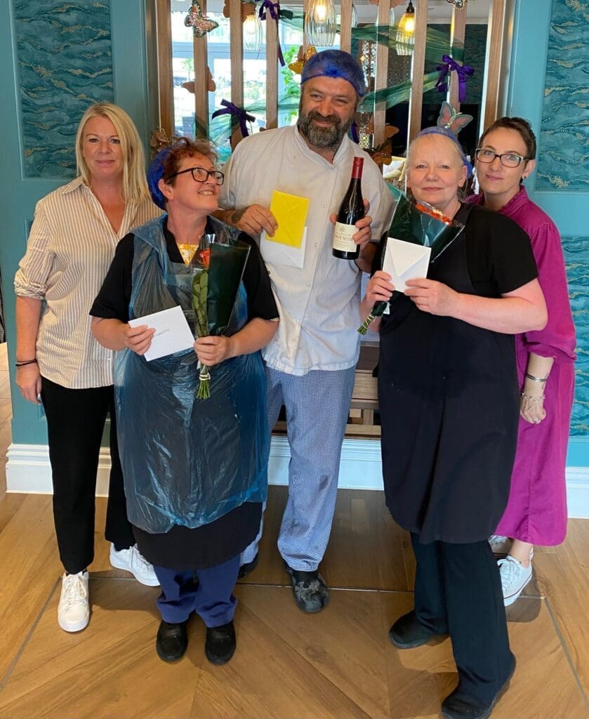 Our kitchen team at Cavell Park care home celebrating their 5-star food hygiene rating from the Food Standards Agency.